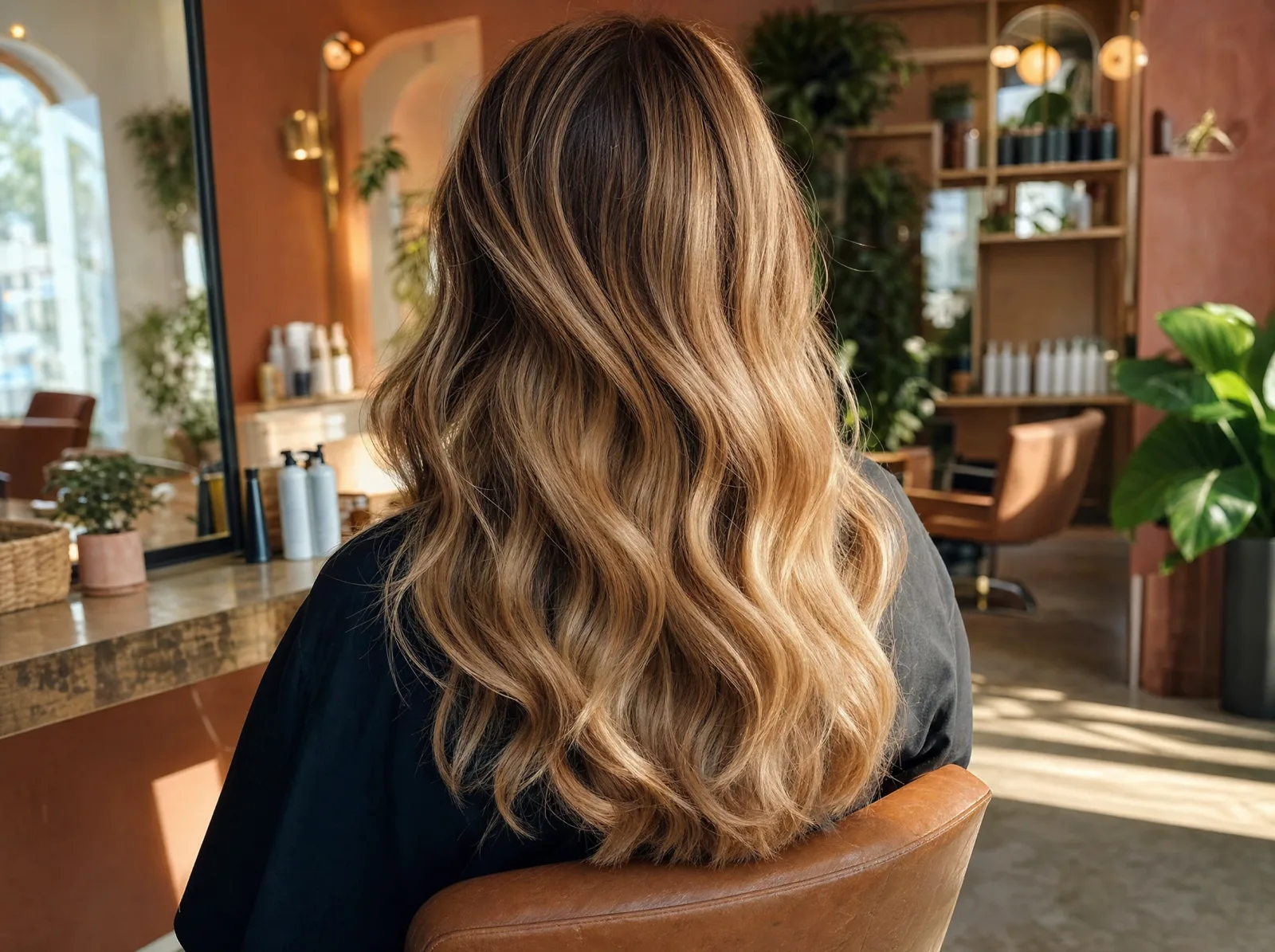 Finished dimensional balayage catching golden-hour light at Marigold & Main Salon