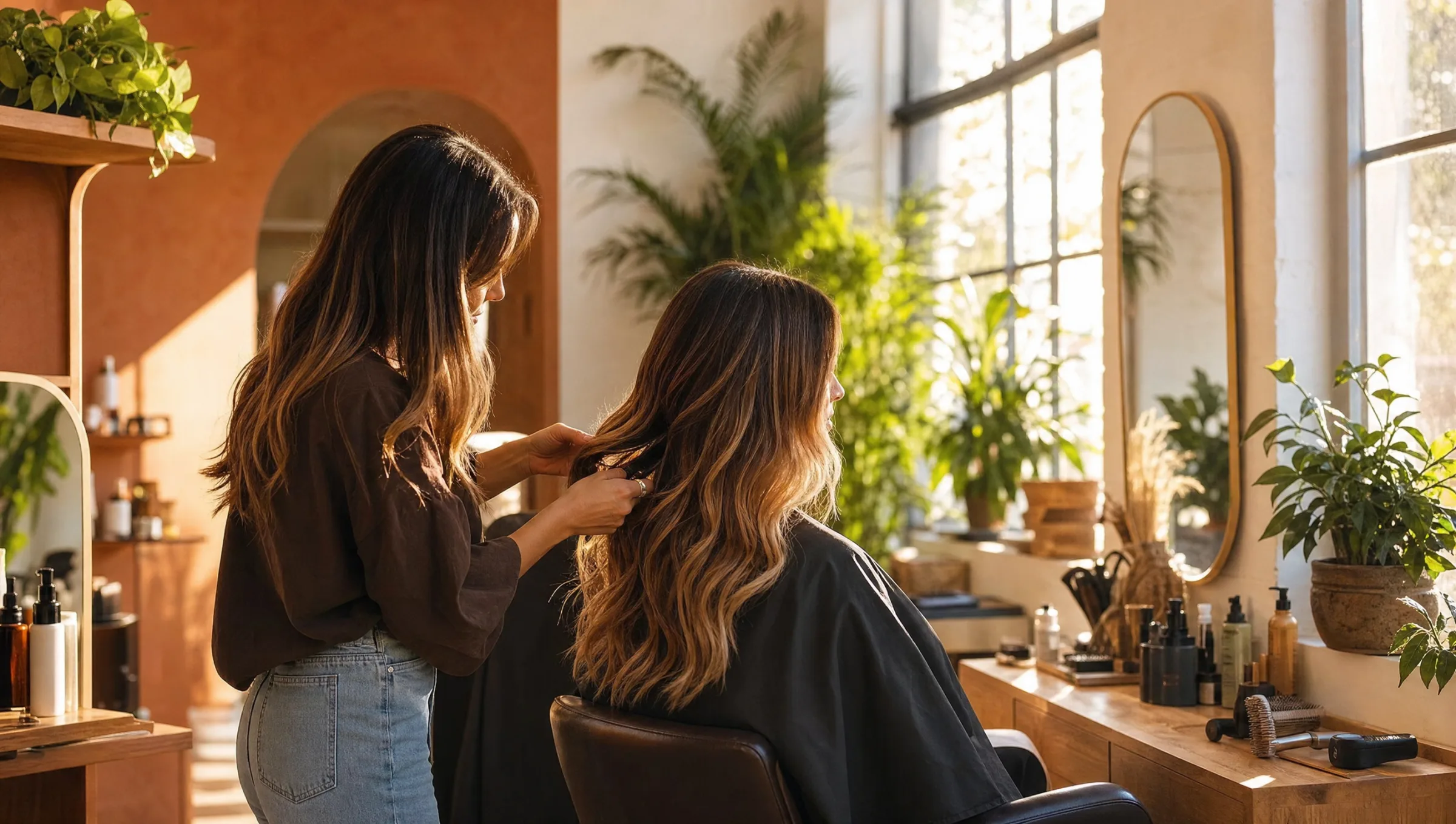 Golden-hour light across a styling chair in the plant-filled Marigold & Main Salon studio